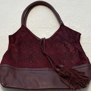 Sharif Burgundy Shoulder Bag with Textured Leather and Natural Hair